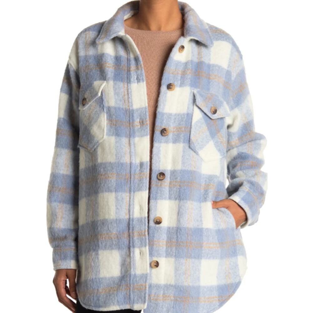 RDI Brushed Plaid Flannel Brushed Oversized Shacket Jacket Blue Women's Size L